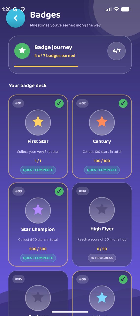 The badges screen showing earned milestones