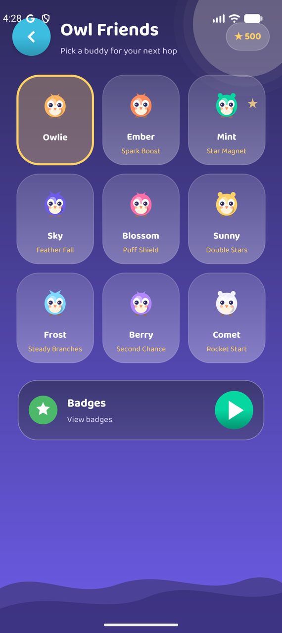 The Nest screen showing nine collectable owl friends
