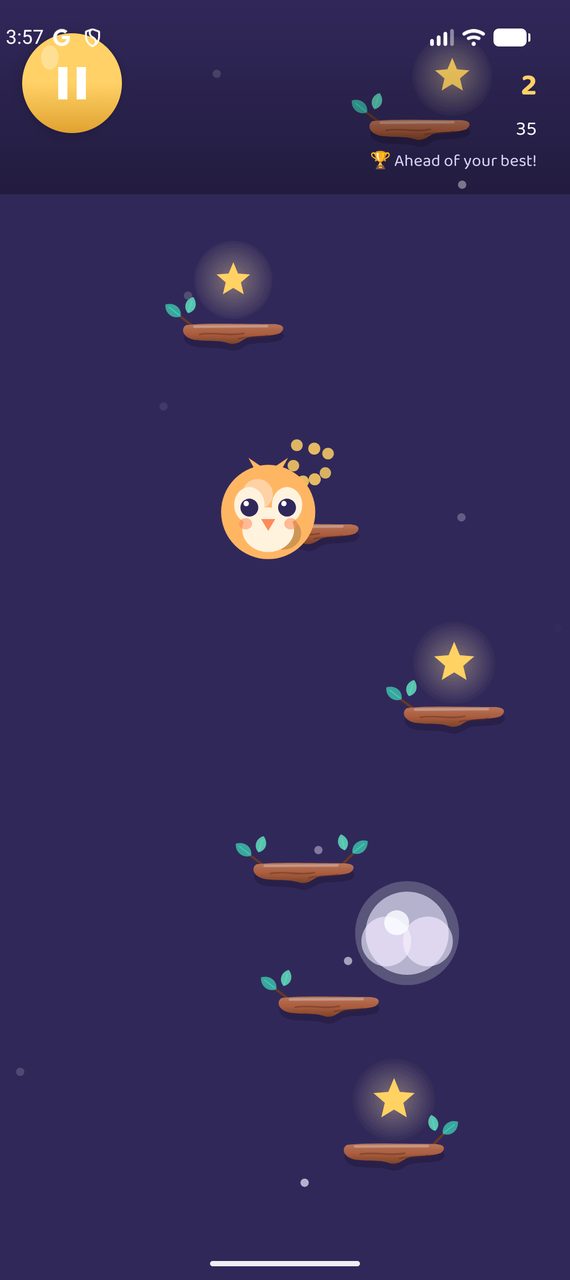 Owlie bouncing between branches, collecting stars